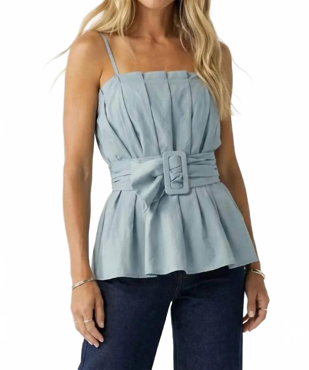 NEW NAKED ZEBRA buckle pleated sleeveless top in seaside blue